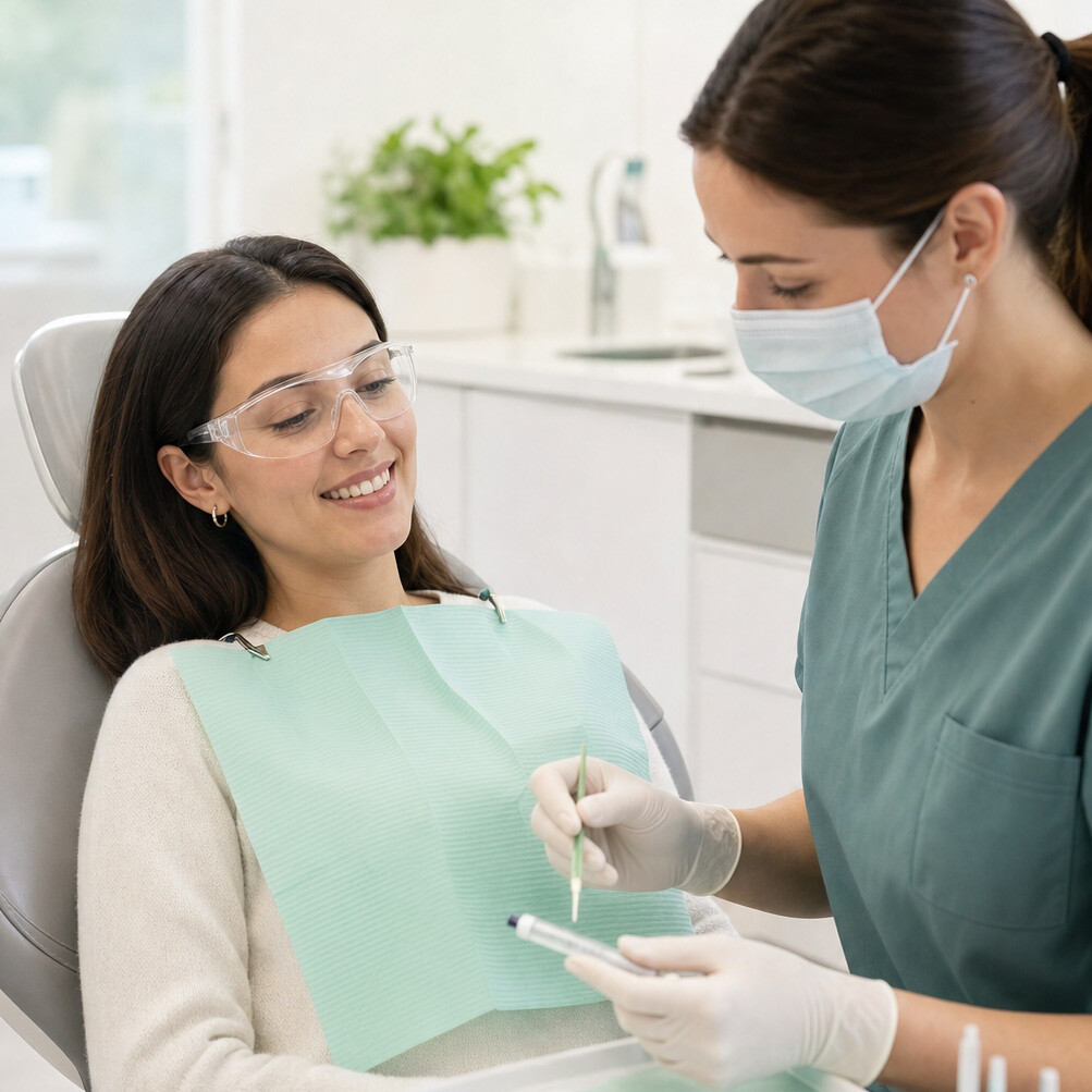 Junge Dame am Stuhl bei der Bleaching-Vorbereitung